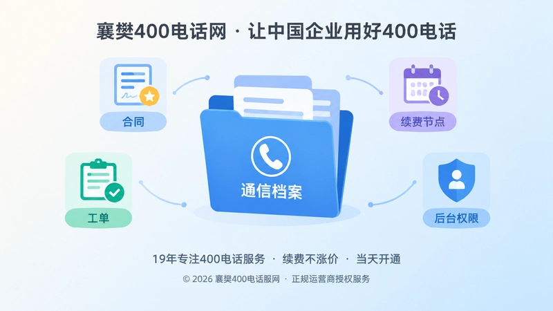 企业通信档案夹与合同工单续费节点图标的扁平插画